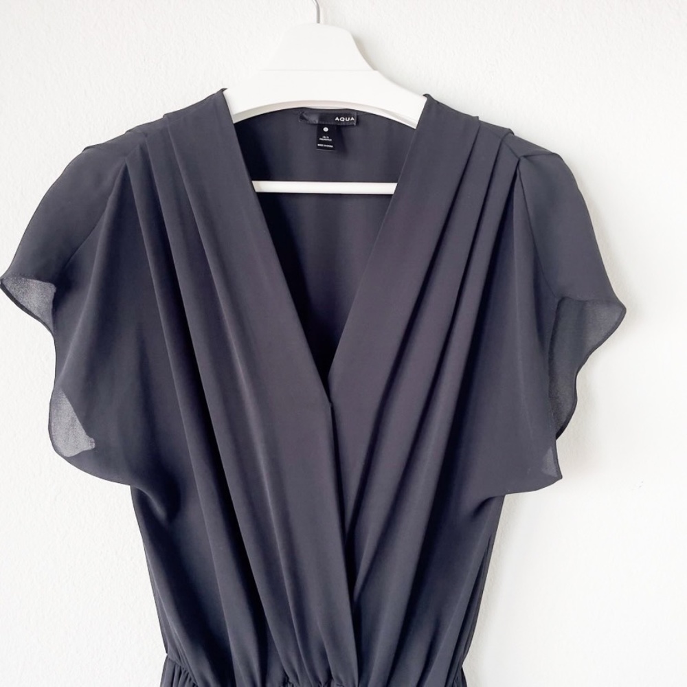 AQUA Jumpsuit Surplice Front Cap Sleeves Rouched Legs Black Lightweight Sz Small